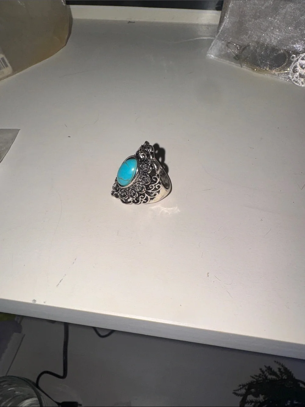 Silver-Tone Floral Ring with Turquoise Cabochon